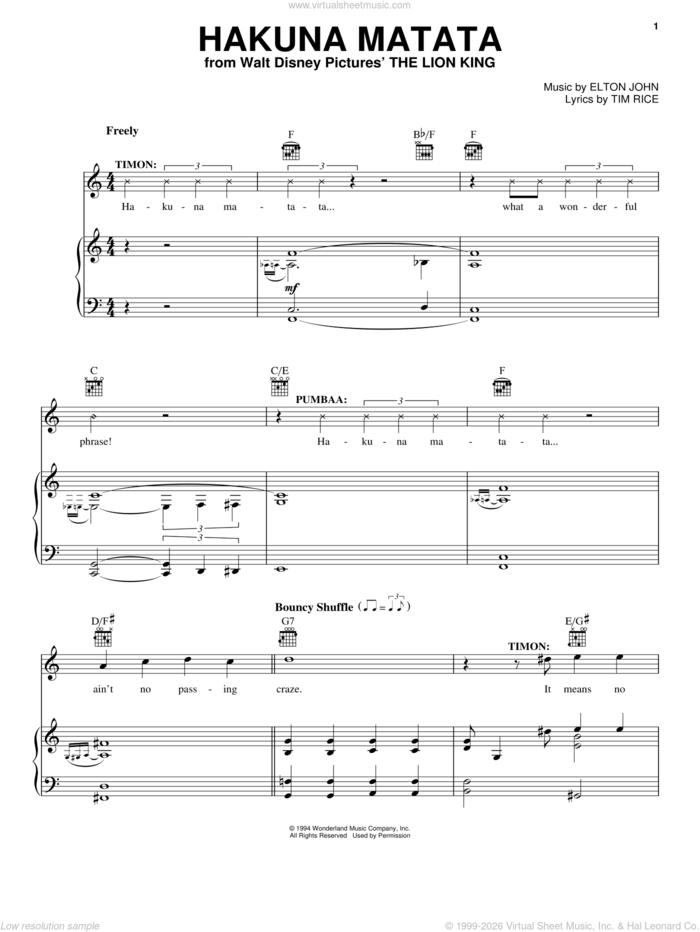 Hakuna Matata (from The Lion King) sheet music for voice, piano or guitar by Elton John, Jimmy Cliff featuring Lebo M, The Lion King (Movie) and Tim Rice, intermediate skill level