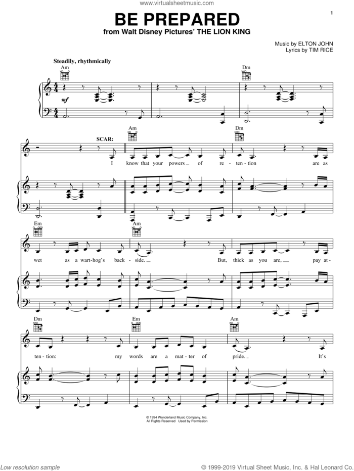 Be Prepared (from The Lion King) sheet music for voice, piano or guitar by Elton John, The Lion King (Movie) and Tim Rice, intermediate skill level