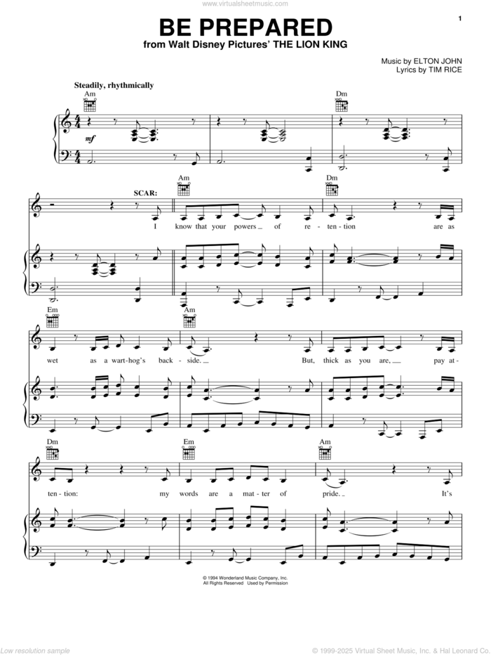 Be Prepared (from The Lion King) sheet music for voice, piano or guitar by Elton John, The Lion King (Movie) and Tim Rice, intermediate skill level