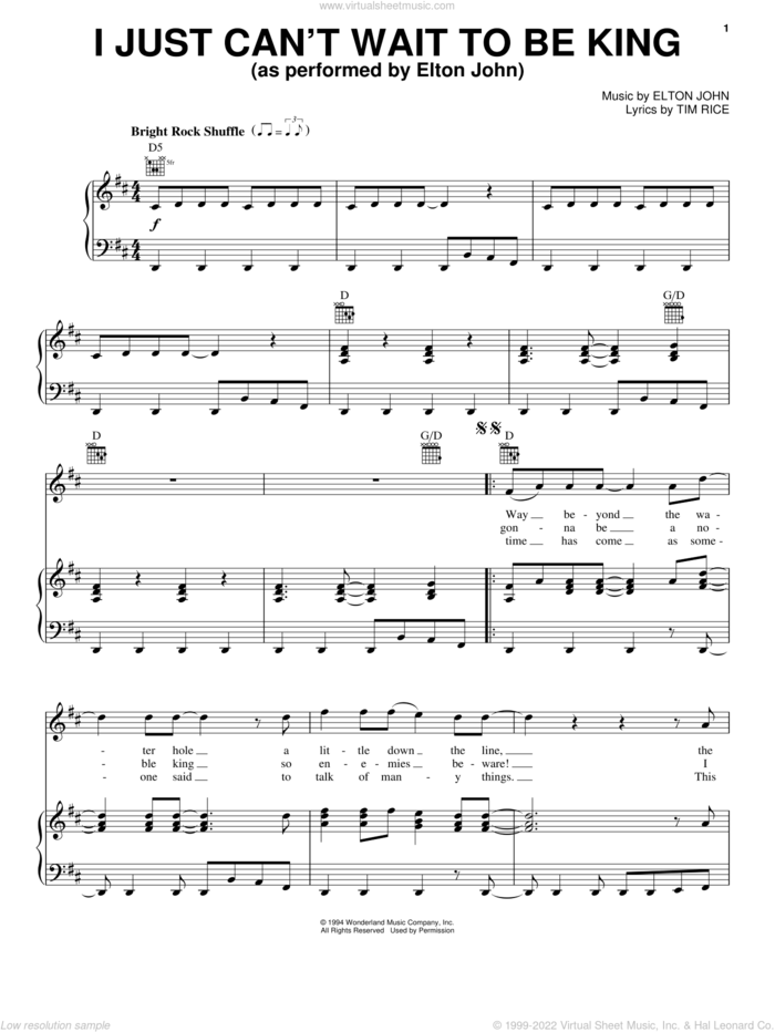 I Just Can't Wait To Be King (from The Lion King) sheet music for voice, piano or guitar by Elton John, The Lion King (Movie) and Tim Rice, intermediate skill level