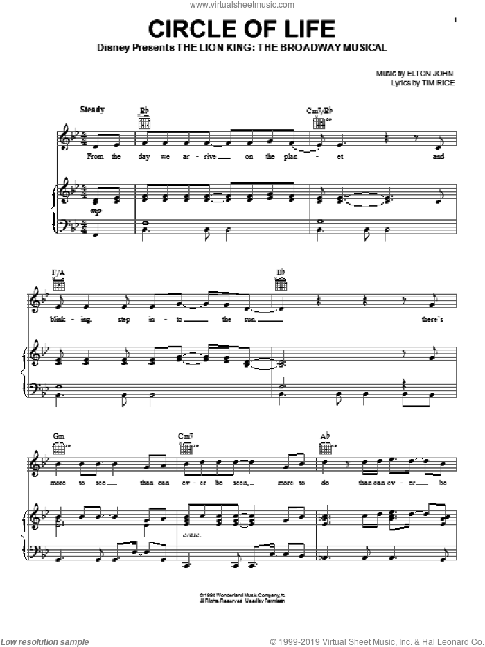 Circle Of Life (from The Lion King) sheet music for voice, piano or guitar by Elton John, The Lion King (Movie) and Tim Rice, intermediate skill level