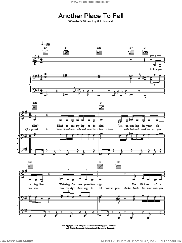 Another Place To Fall sheet music for voice, piano or guitar by KT Tunstall, intermediate skill level