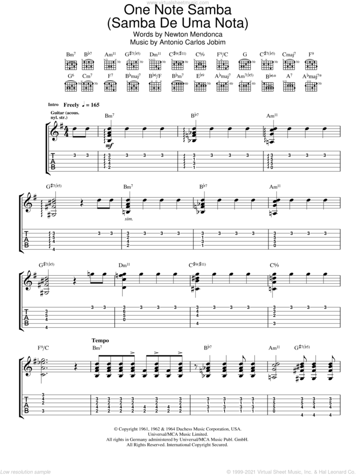 One Note Samba (Samba De Uma Nota) sheet music for guitar (tablature) by Antonio Carlos Jobim and Newton Mendonca, intermediate skill level