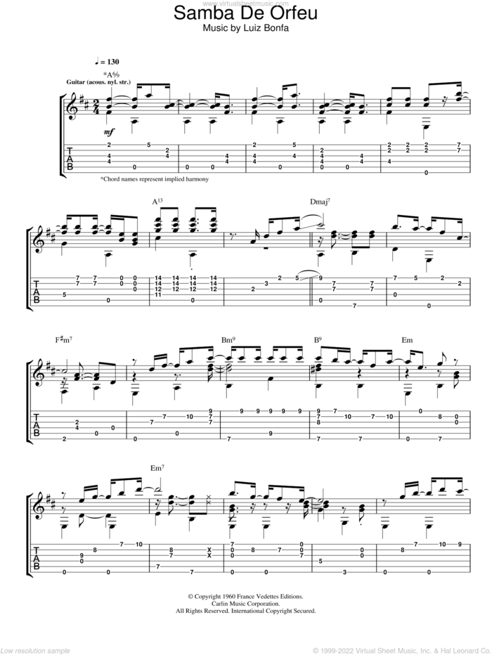Samba De Orfeu sheet music for guitar (tablature) by Luiz Bonfa, intermediate skill level