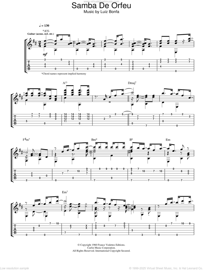 Samba De Orfeu sheet music for guitar (tablature) by Luiz Bonfa, intermediate skill level