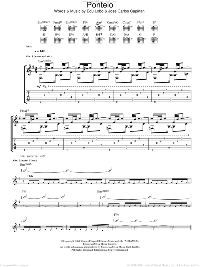 Ponteio sheet music for guitar (tablature) by Edu Lobo and Jose Carlos Capinan, intermediate skill level