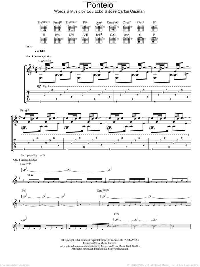 Ponteio sheet music for guitar (tablature) by Edu Lobo and Jose Carlos Capinan, intermediate skill level