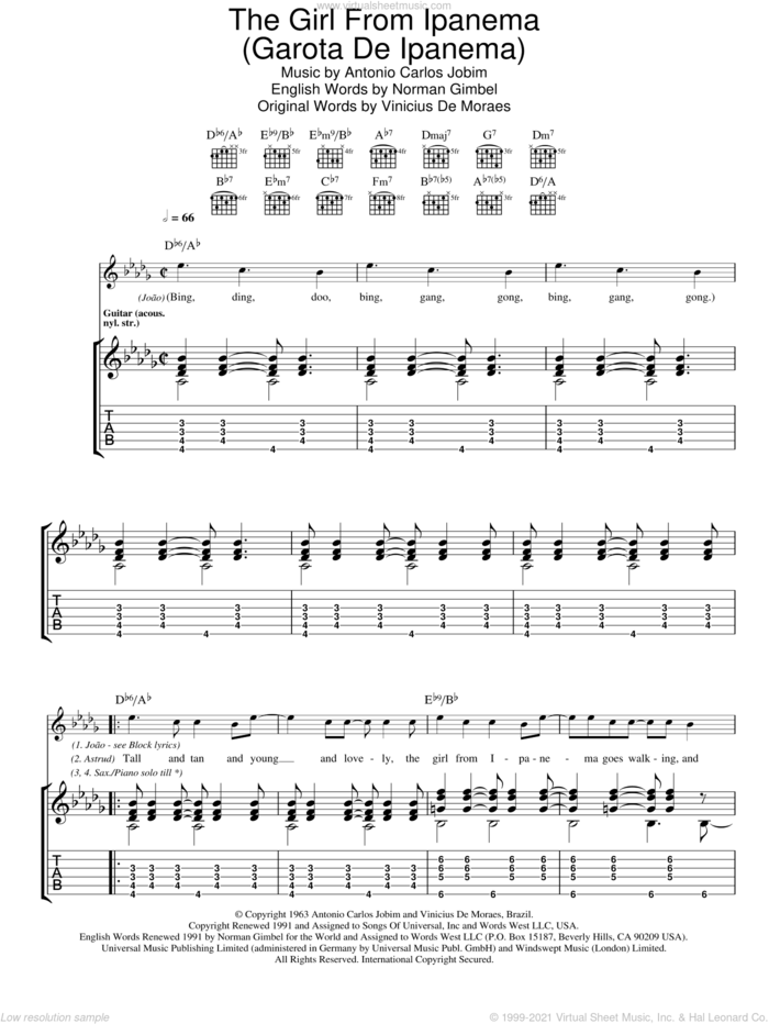 The Girl From Ipanema (Garota De Ipanema) sheet music for guitar (tablature) by Antonio Carlos Jobim, Norman Gimbel and Vinicius de Moraes, intermediate skill level