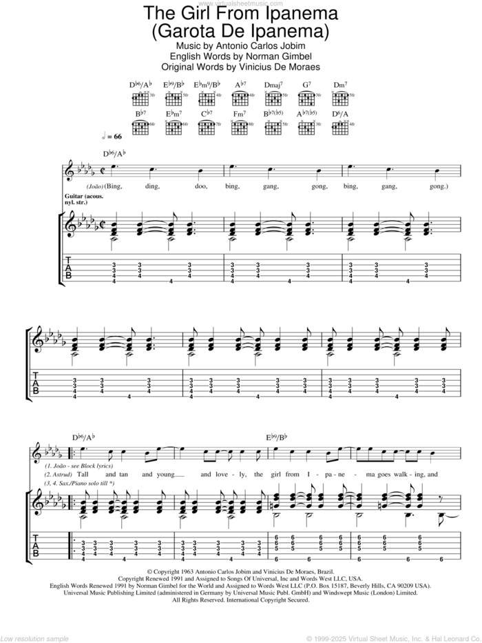 The Girl From Ipanema (Garota De Ipanema) sheet music for guitar (tablature) by Antonio Carlos Jobim, Norman Gimbel and Vinicius de Moraes, intermediate skill level