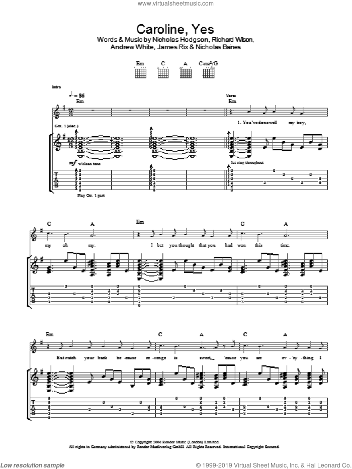 Caroline, Yes sheet music for guitar (tablature) by Kaiser Chiefs, Andrew White, James Rix, Nicholas Baines, Nicholas Hodgson and Richard Wilson, intermediate skill level