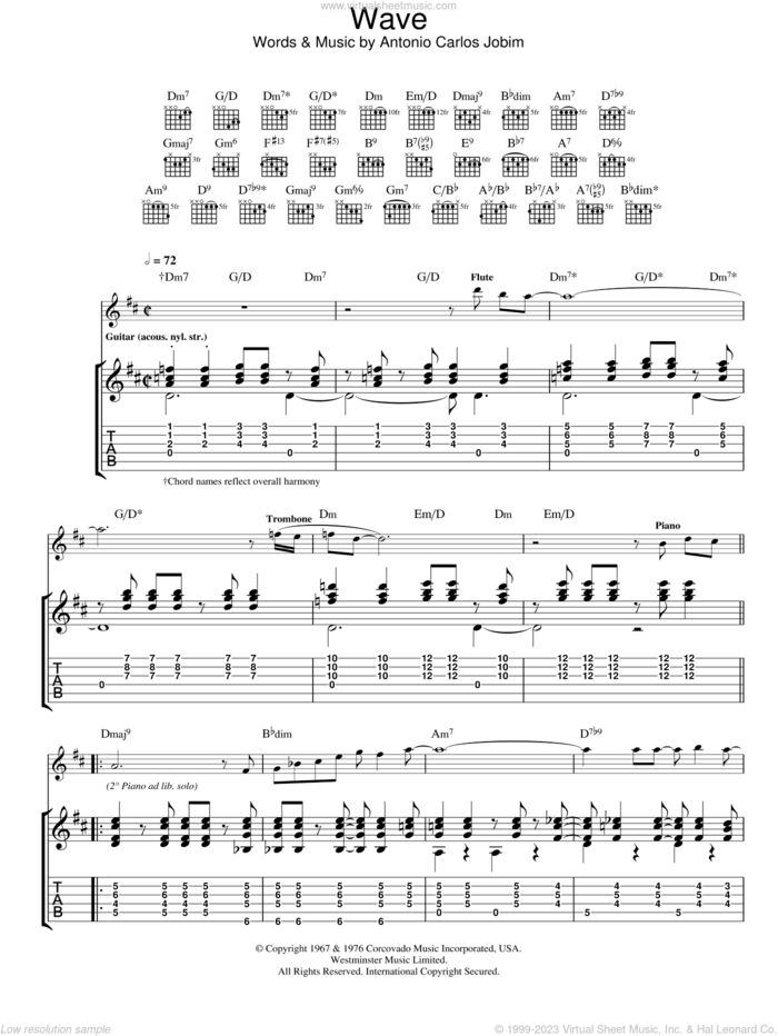 Wave sheet music for guitar (tablature) by Antonio Carlos Jobim, intermediate skill level