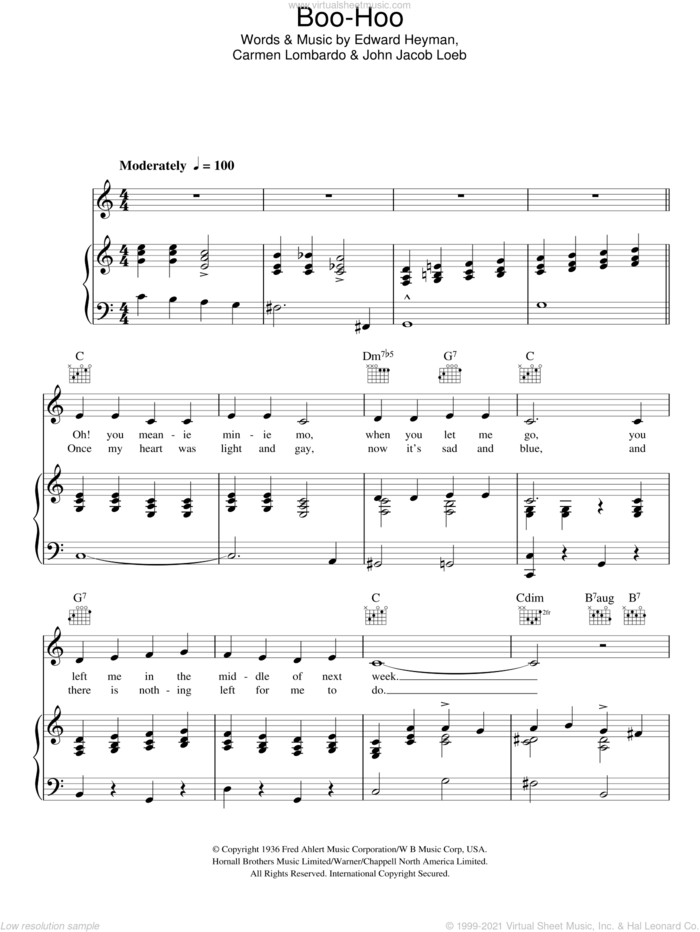 Boo-Hoo sheet music for voice, piano or guitar by Guy Lombardo, Carmen Lombardo, Edward Heyman and John Jacob Loeb, intermediate skill level