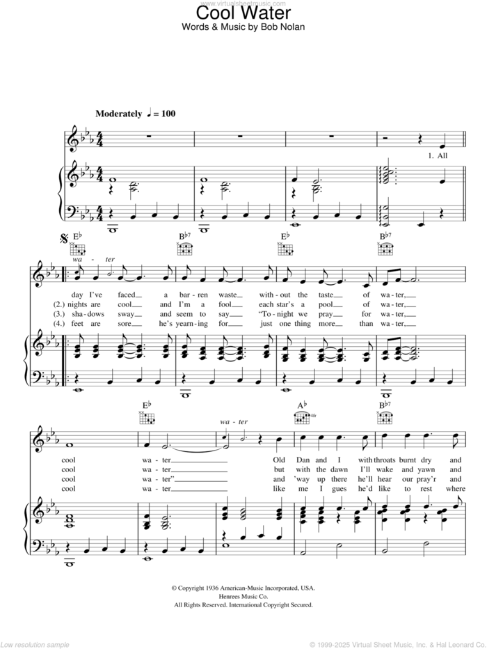 Cool Water sheet music for voice, piano or guitar by Eddie Arnold and Bob Nolan, intermediate skill level