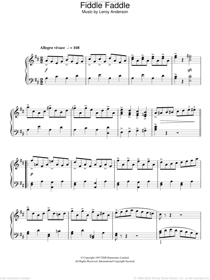 Fiddle Faddle sheet music for piano solo by Leroy Anderson, intermediate skill level