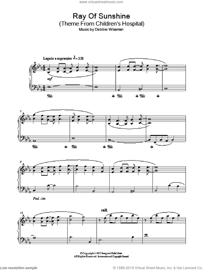 Ray Of Sunshine (Theme From Children's Hospital) sheet music for piano solo by Debbie Wiseman, intermediate skill level
