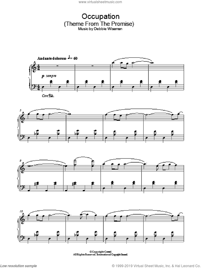 Occupation (Theme From The Promise) sheet music for piano solo by Debbie Wiseman, intermediate skill level