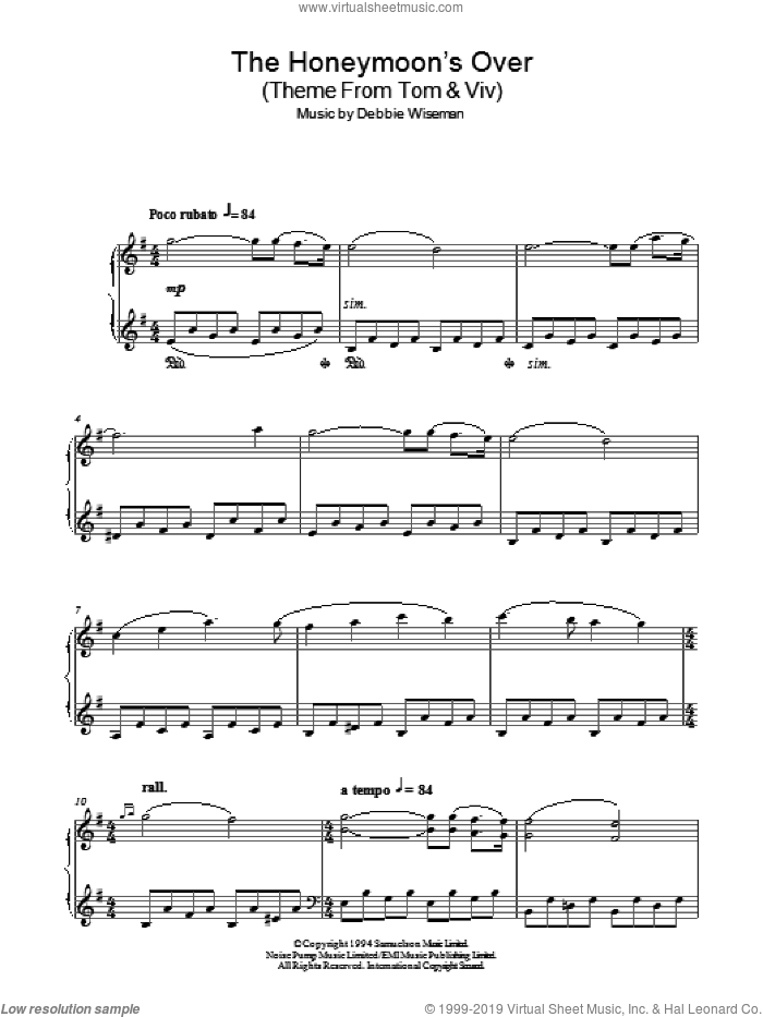 The Honeymoon's Over (Theme From Tom and Viv) sheet music for piano solo by Debbie Wiseman, intermediate skill level