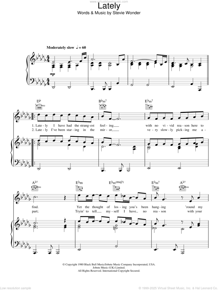 Lately sheet music for voice, piano or guitar by Stevie Wonder, intermediate skill level