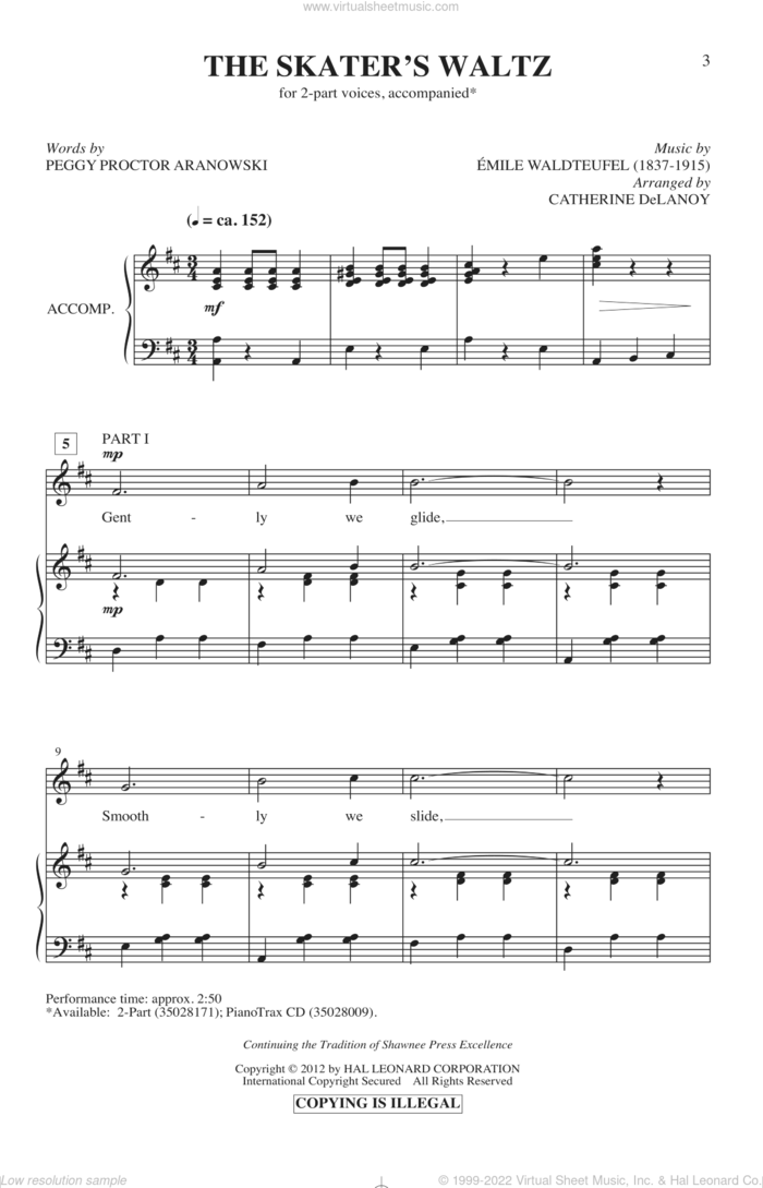 The Skater's Waltz sheet music for choir (2-Part) by Emile Waldteufel, Peggy Proctor Aranowski and Catherine Delanoy, intermediate duet