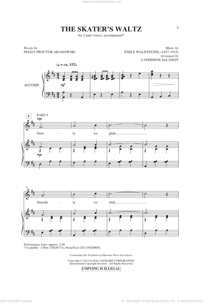 The Skater's Waltz sheet music for choir (2-Part) by Emile Waldteufel, Peggy Proctor Aranowski and Catherine Delanoy, intermediate duet