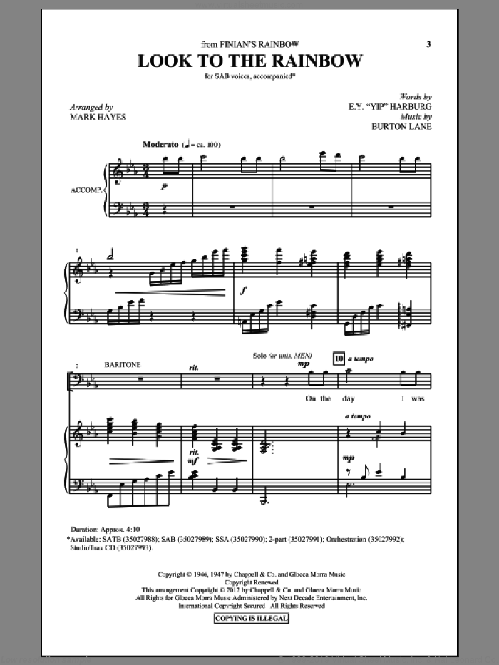 Look To The Rainbow sheet music for choir (SAB: soprano, alto, bass) by E.Y. Harburg, Burton Lane and Mark Hayes, intermediate skill level