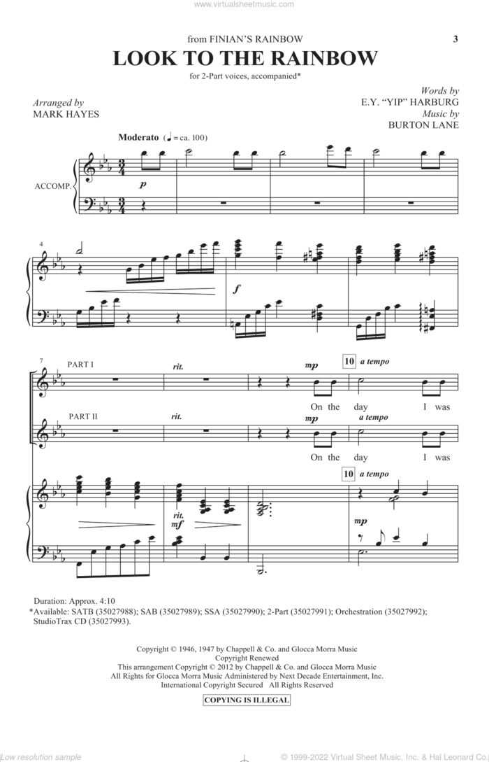Look To The Rainbow sheet music for choir (2-Part) by E.Y. Harburg, Burton Lane and Mark Hayes, intermediate duet
