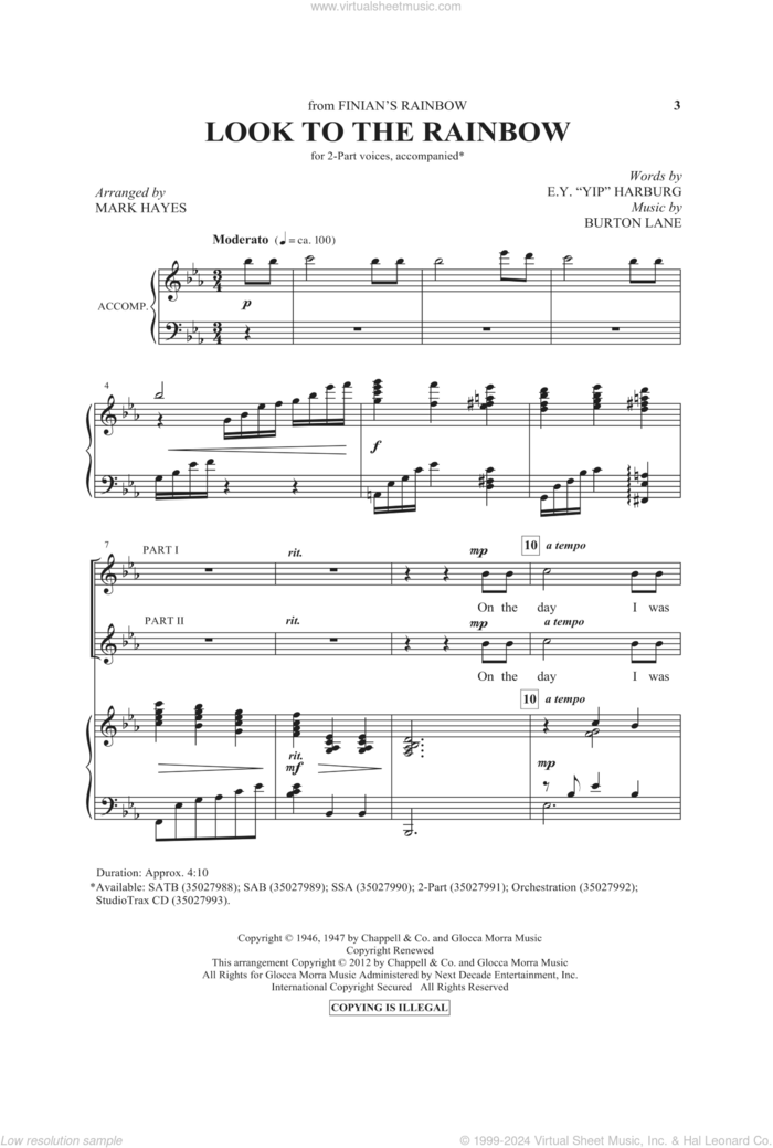 Look To The Rainbow sheet music for choir (2-Part) by E.Y. Harburg, Burton Lane and Mark Hayes, intermediate duet