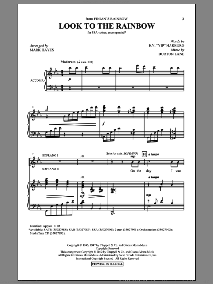 Look To The Rainbow sheet music for choir (SSA: soprano, alto) by E.Y. Harburg, Burton Lane and Mark Hayes, intermediate skill level