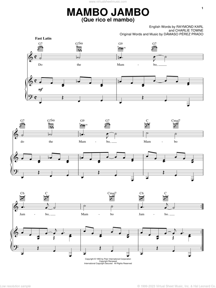 Mambo Jambo (Que Rico El Mambo) sheet music for voice, piano or guitar by Perez Prado, Charlie Towne, Damaso Perez Prado and Raymond Karl, intermediate skill level