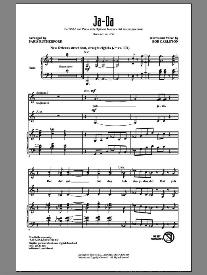 Ja-Da sheet music for choir (SSA: soprano, alto) by Bob Carleton and Paris Rutherford, intermediate skill level