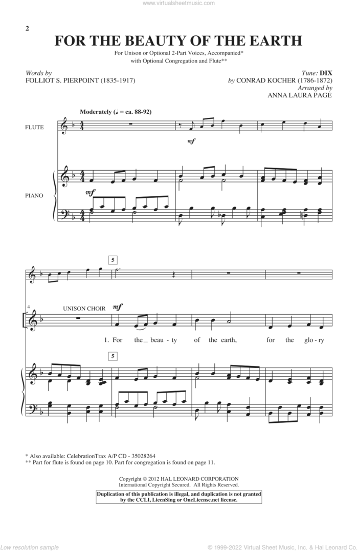 For The Beauty Of The Earth (arr. Anna Laura Page) sheet music for choir (2-Part) by Conrad Kocher, Anna Laura Page and Folliot S. Pierpoint, intermediate duet