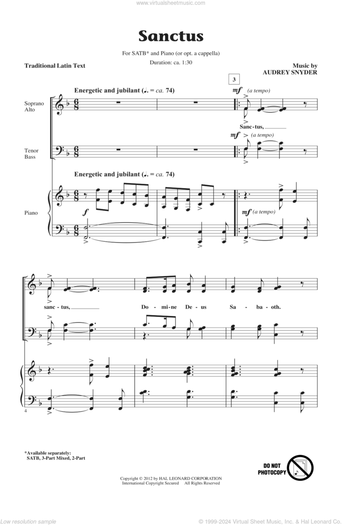 Sanctus sheet music for choir (SATB: soprano, alto, tenor, bass) by Audrey Snyder, intermediate skill level