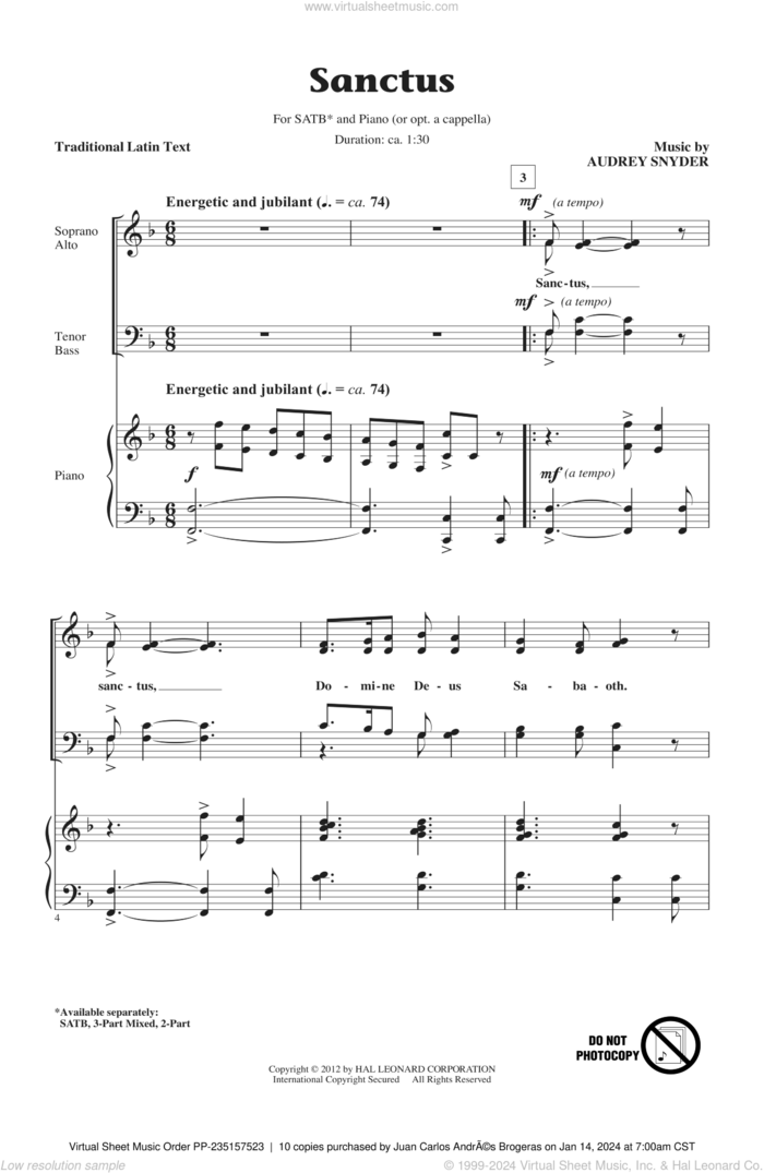 Sanctus sheet music for choir (SATB: soprano, alto, tenor, bass) by Audrey Snyder, intermediate skill level