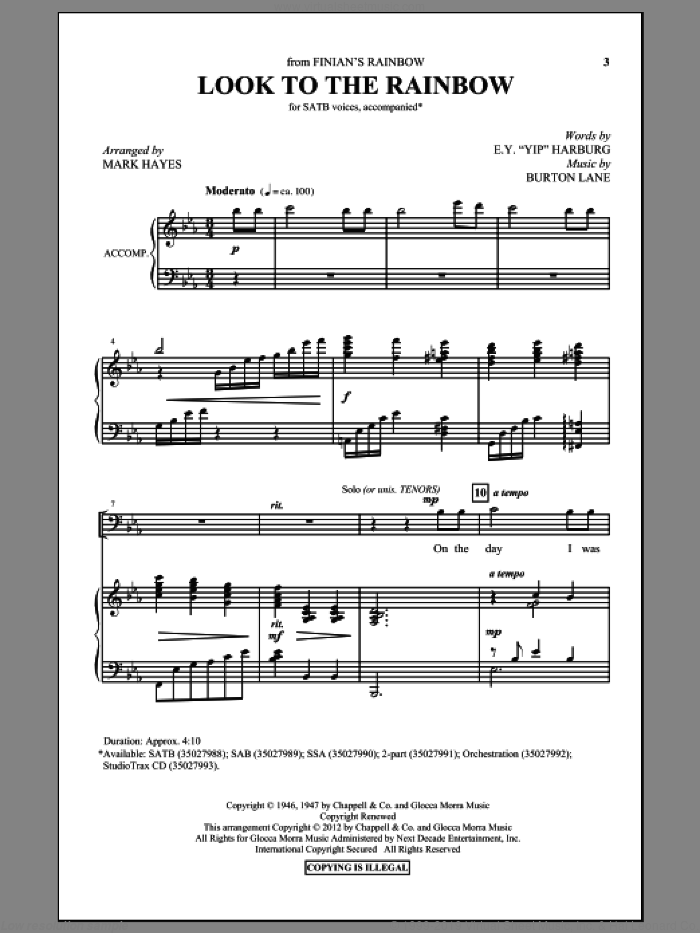 Look To The Rainbow sheet music for choir (SATB: soprano, alto, tenor, bass) by E.Y. Harburg, Burton Lane and Mark Hayes, intermediate skill level