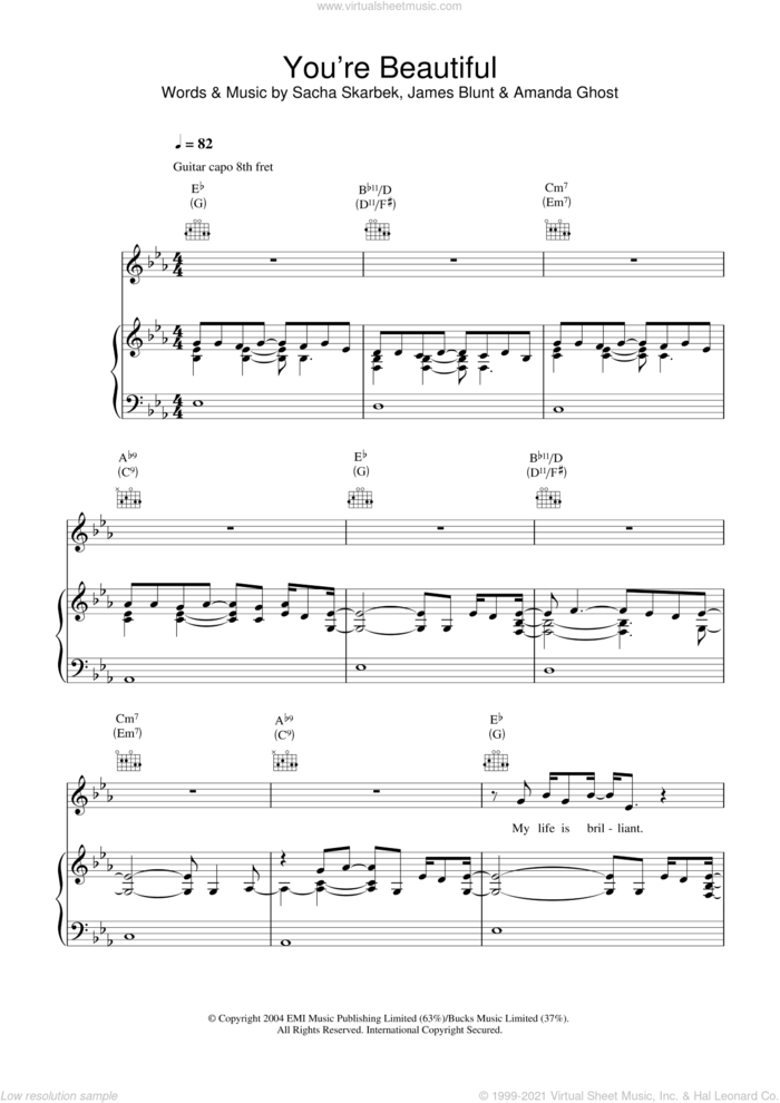 You're Beautiful sheet music for voice, piano or guitar by James Blunt, Amanda Ghost and Sacha Skarbek, intermediate skill level
