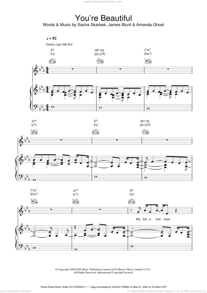 You're Beautiful sheet music for voice, piano or guitar by James Blunt, Amanda Ghost and Sacha Skarbek, intermediate skill level