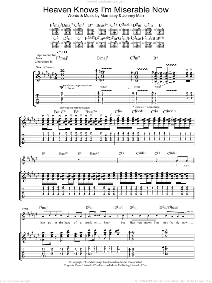 Heaven Knows I'm Miserable Now sheet music for guitar (tablature) by The Smiths, Johnny Marr and Steven Morrissey, intermediate skill level