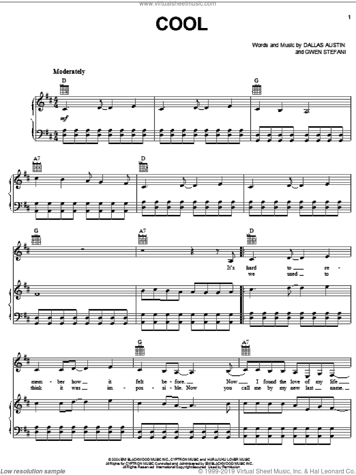 Cool sheet music for voice, piano or guitar by Gwen Stefani and Dallas Austin, intermediate skill level