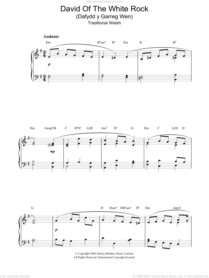 David Of The White Rock sheet music for piano solo by Traditional Welsh Song and Miscellaneous, intermediate skill level