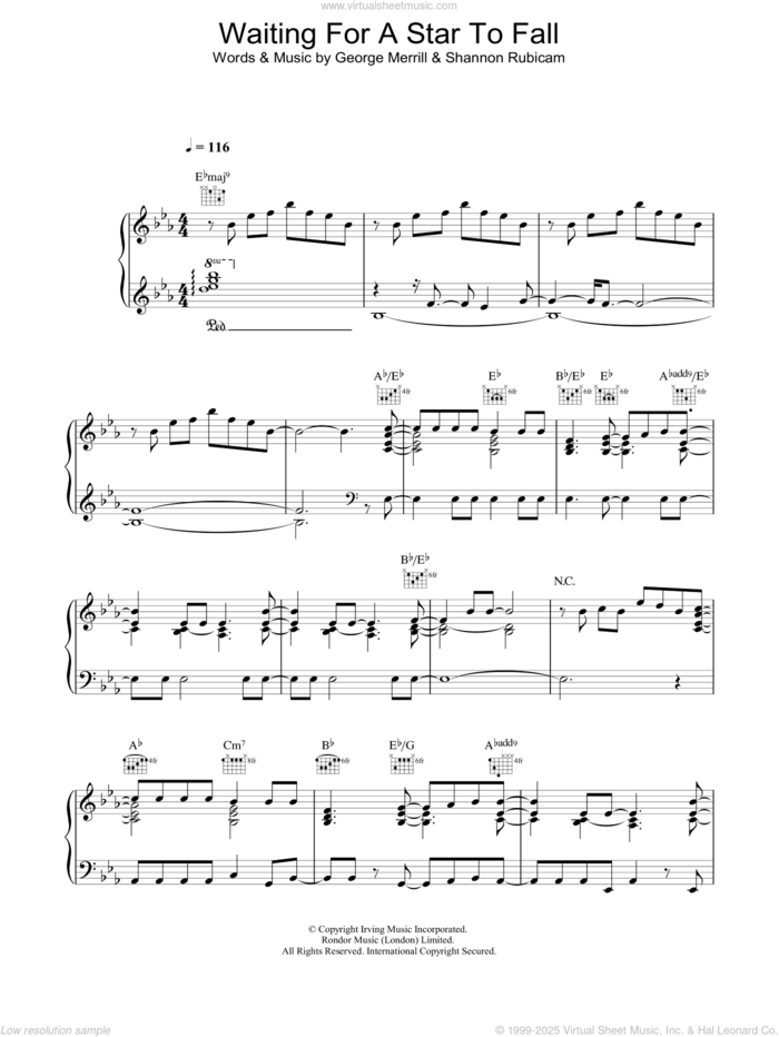 Waiting For A Star To Fall sheet music for voice, piano or guitar by Boy Meets Girl, George Merrill and Shannon Rubicam, intermediate skill level