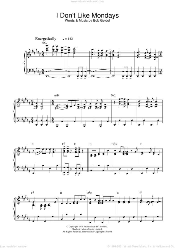 I Don't Like Mondays sheet music for piano solo by The Boomtown Rats, Tori Amos and Bob Geldof, intermediate skill level
