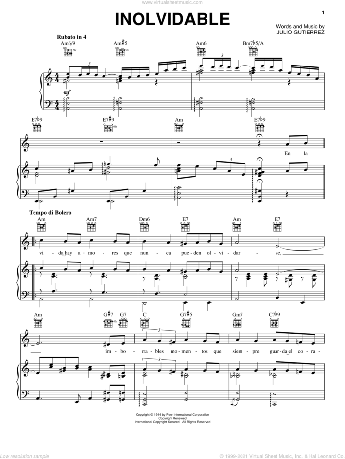 Inolvidable sheet music for voice, piano or guitar by Luis Miguel and Julio Gutierrez, wedding score, intermediate skill level