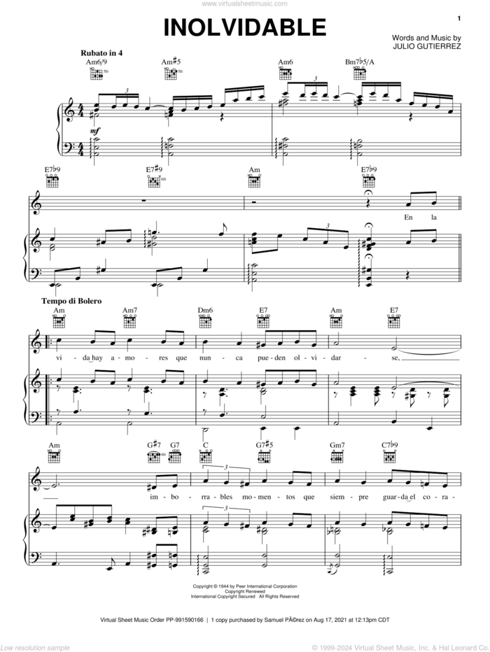 Inolvidable sheet music for voice, piano or guitar by Luis Miguel and Julio Gutierrez, wedding score, intermediate skill level