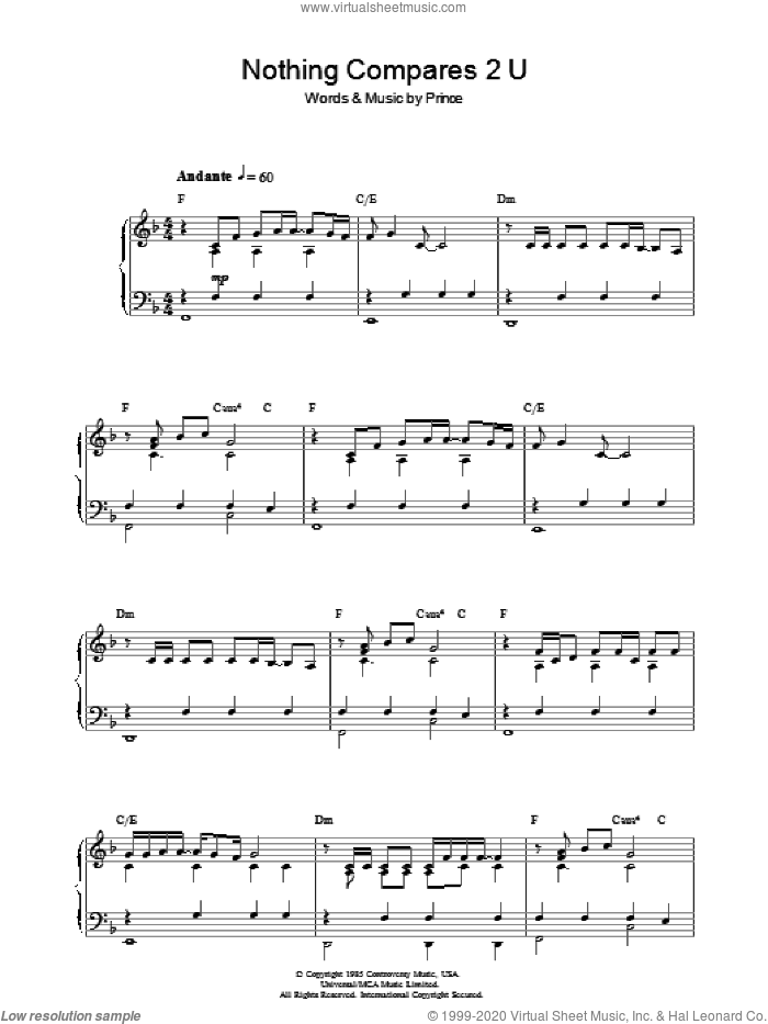 Nothing Compares 2 U, (intermediate) sheet music for piano solo by Sinead O'Connor and Prince, intermediate skill level