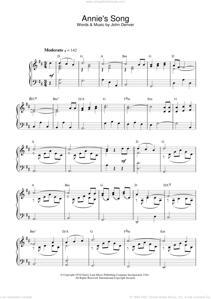 Annie's Song sheet music for piano solo by John Denver, intermediate skill level