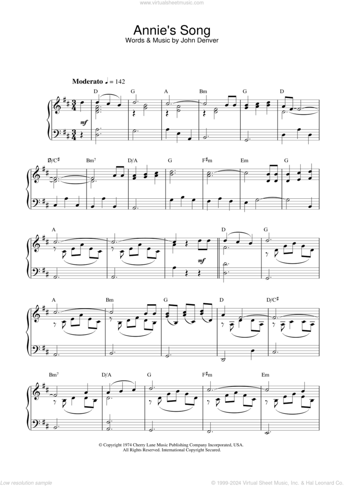 Annie's Song sheet music for piano solo by John Denver, intermediate skill level