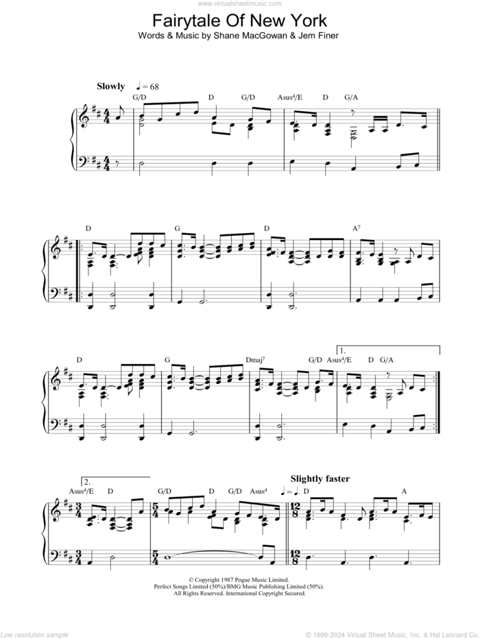 Fairytale Of New York, (intermediate) sheet music for piano solo by The Pogues, Kirsty MacColl, The Pogues & Kirsty MacColl, Jem Finer and Shane MacGowan, intermediate skill level