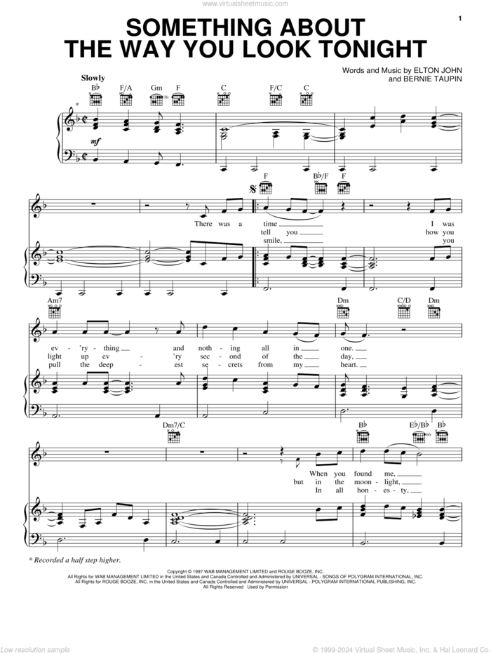 Something About The Way You Look Tonight sheet music for voice, piano or guitar by Elton John and Bernie Taupin, wedding score, intermediate skill level