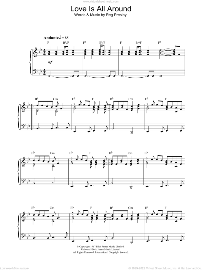 Love Is All Around sheet music for piano solo by The Troggs and Reg Presley, intermediate skill level