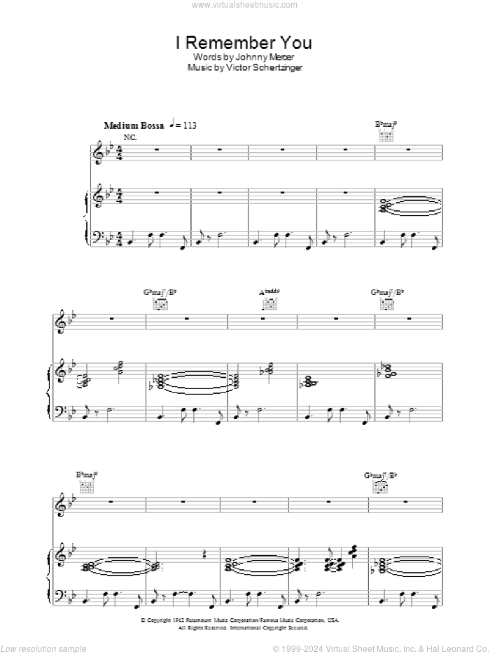 I Remember You sheet music for voice, piano or guitar by Diana Krall, Johnny Mercer and Victor Schertzinger, intermediate skill level
